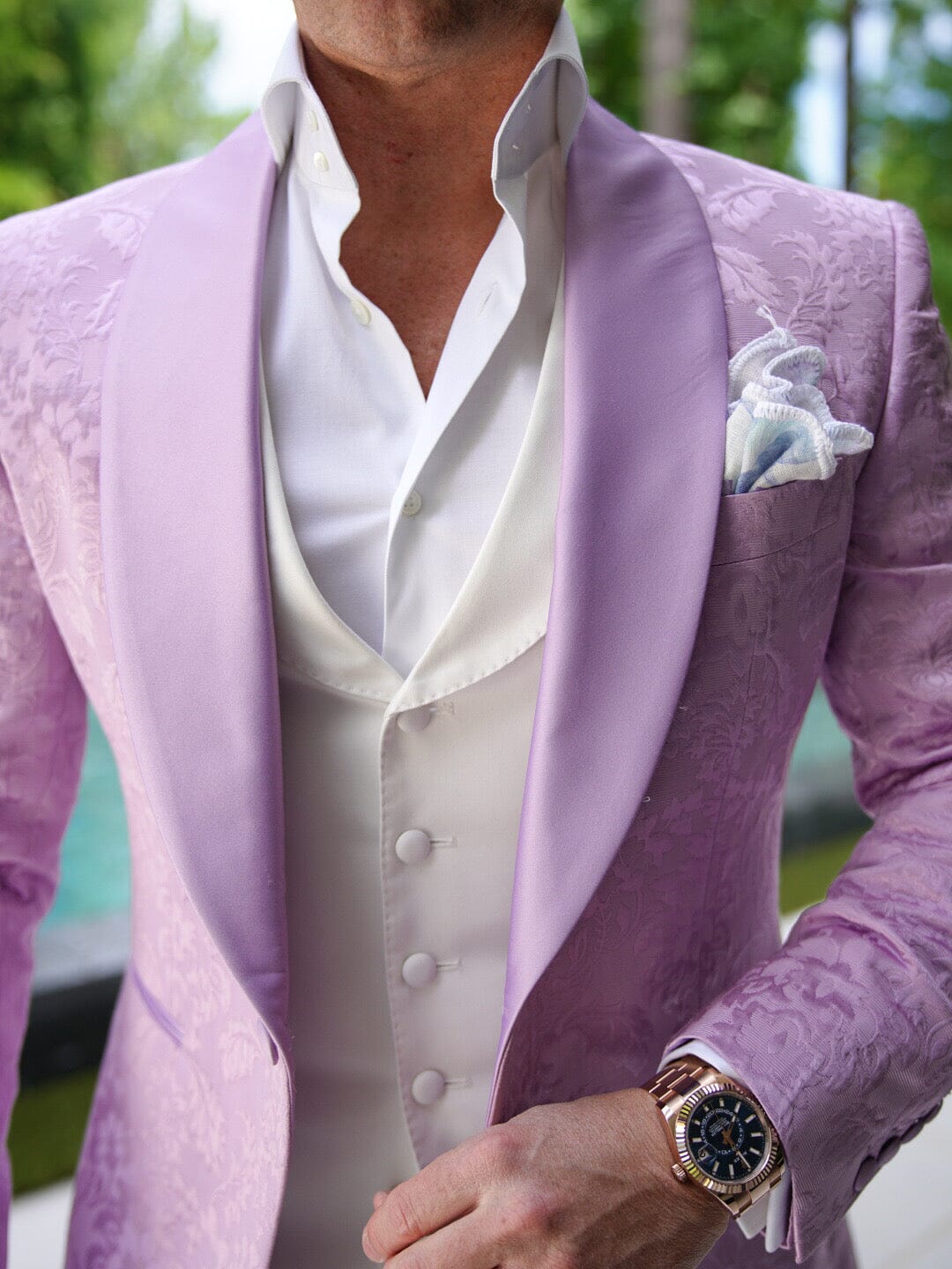 Tuxedo vs suit - Lavender Fiore formal full look by Sebastian Cruz Couture