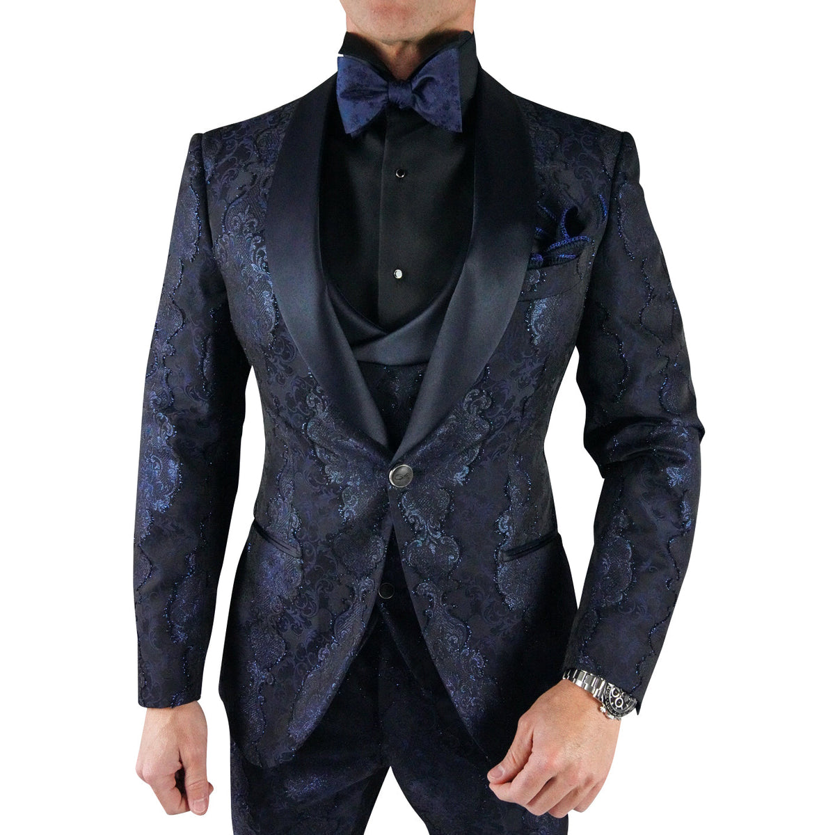 Navy evening dinner jacket by Sebastian Cruz Couture for black versus midnight blue tuxedo styling
