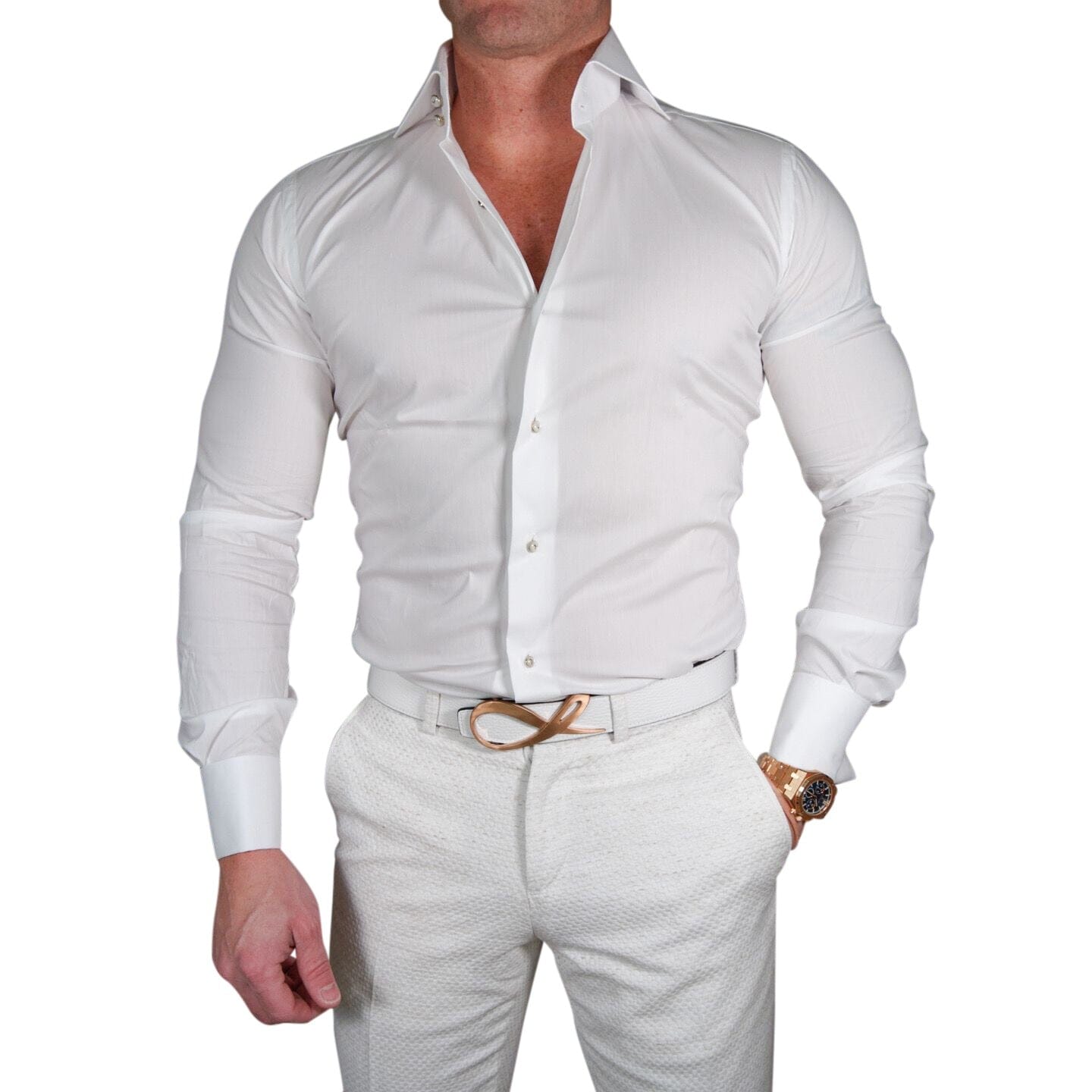 High collar dress shirt for men - White Classico Signature Gold by Sebastian Cruz Couture
