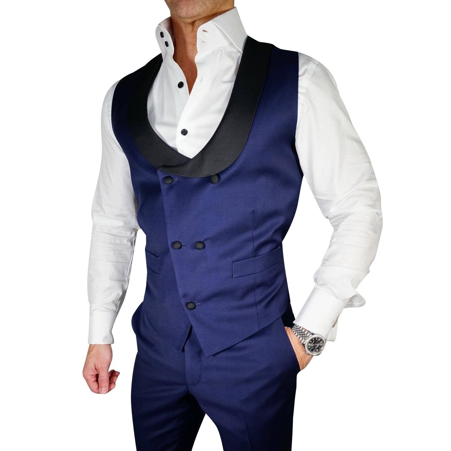 Navy Blue and Black Double Breasted Waistcoat by Sebastian Cruz Couture