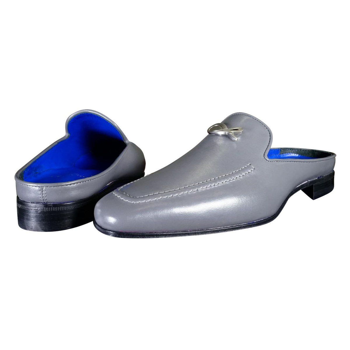 Grafite With Silver Hardware Leather Slippers-5