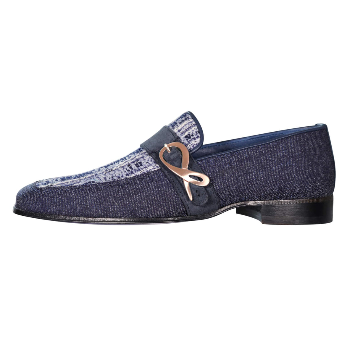 Vintage Denim Tweed Rose Gold Monk Loafer-5