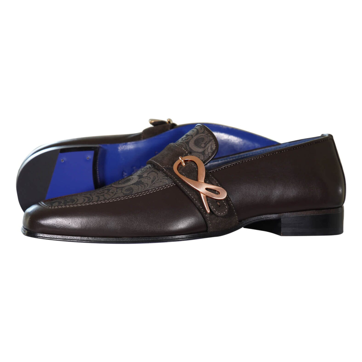 Chocolate Damascata Monk Loafers With Rose Gold Buckle
