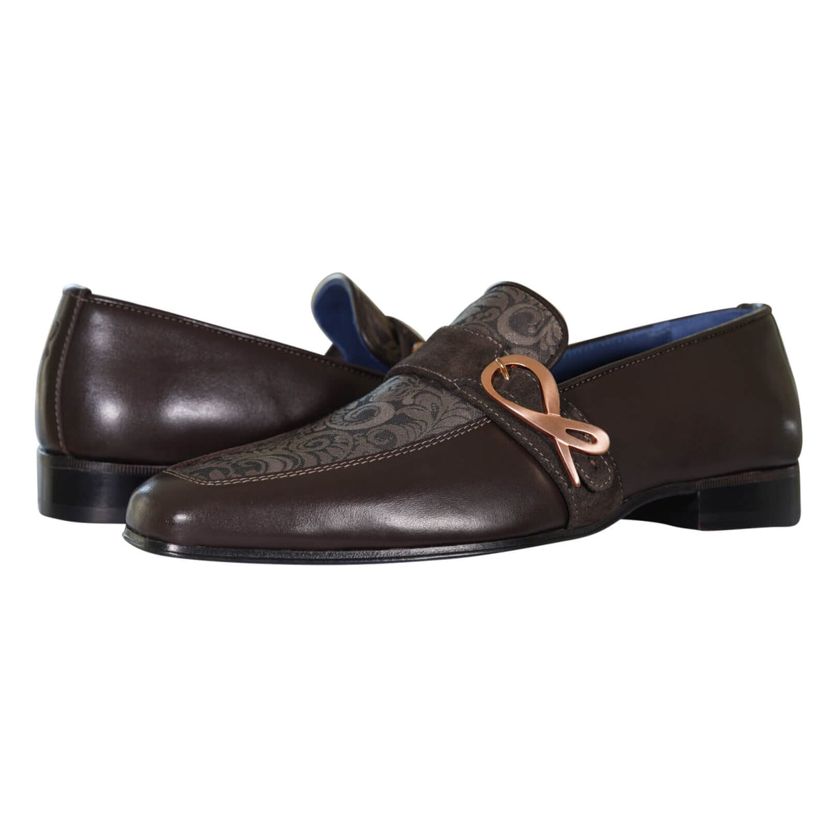 Chocolate Damascata Monk Loafers With Rose Gold Buckle-3