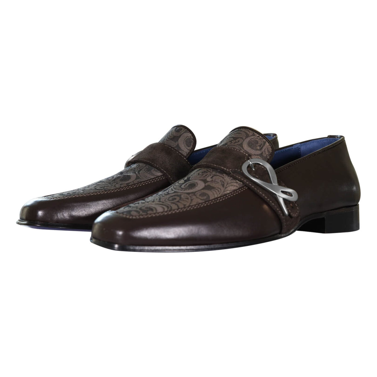 Chocolate Damascata Monk Loafers With Silver Buckle-4
