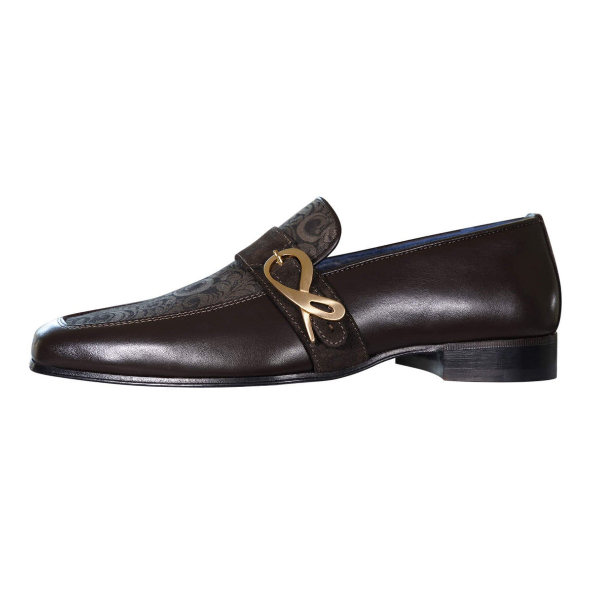 Chocolate Damascata Monk Loafers With Yellow Gold Buckle-5