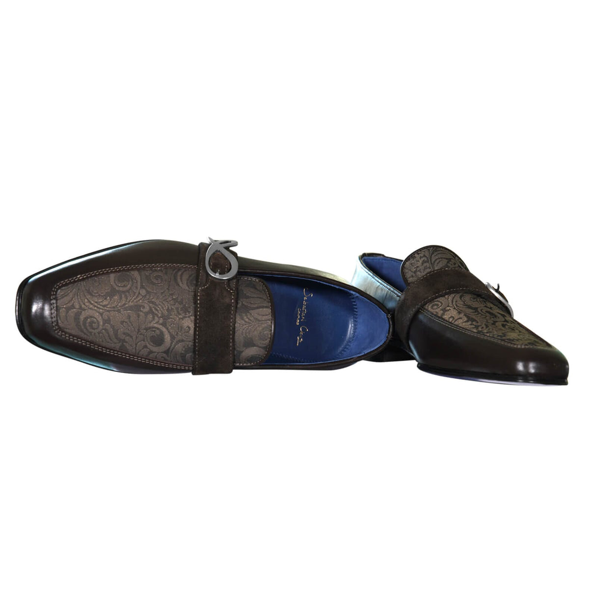 Chocolate Damascata Monk Loafers With Silver Buckle-9