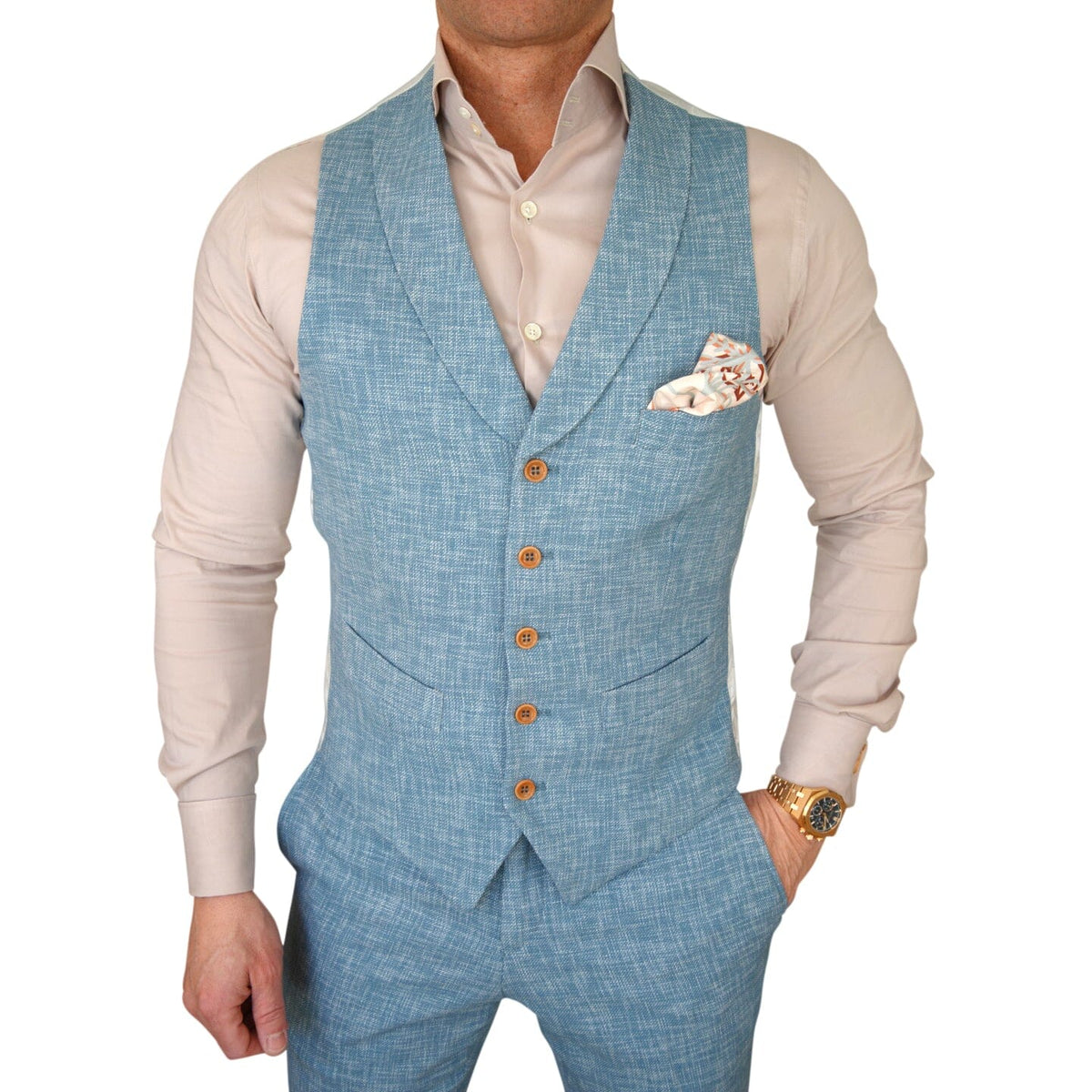 Teal Blu Lino Tweed Ciottoli Waistcoat @ The Vault