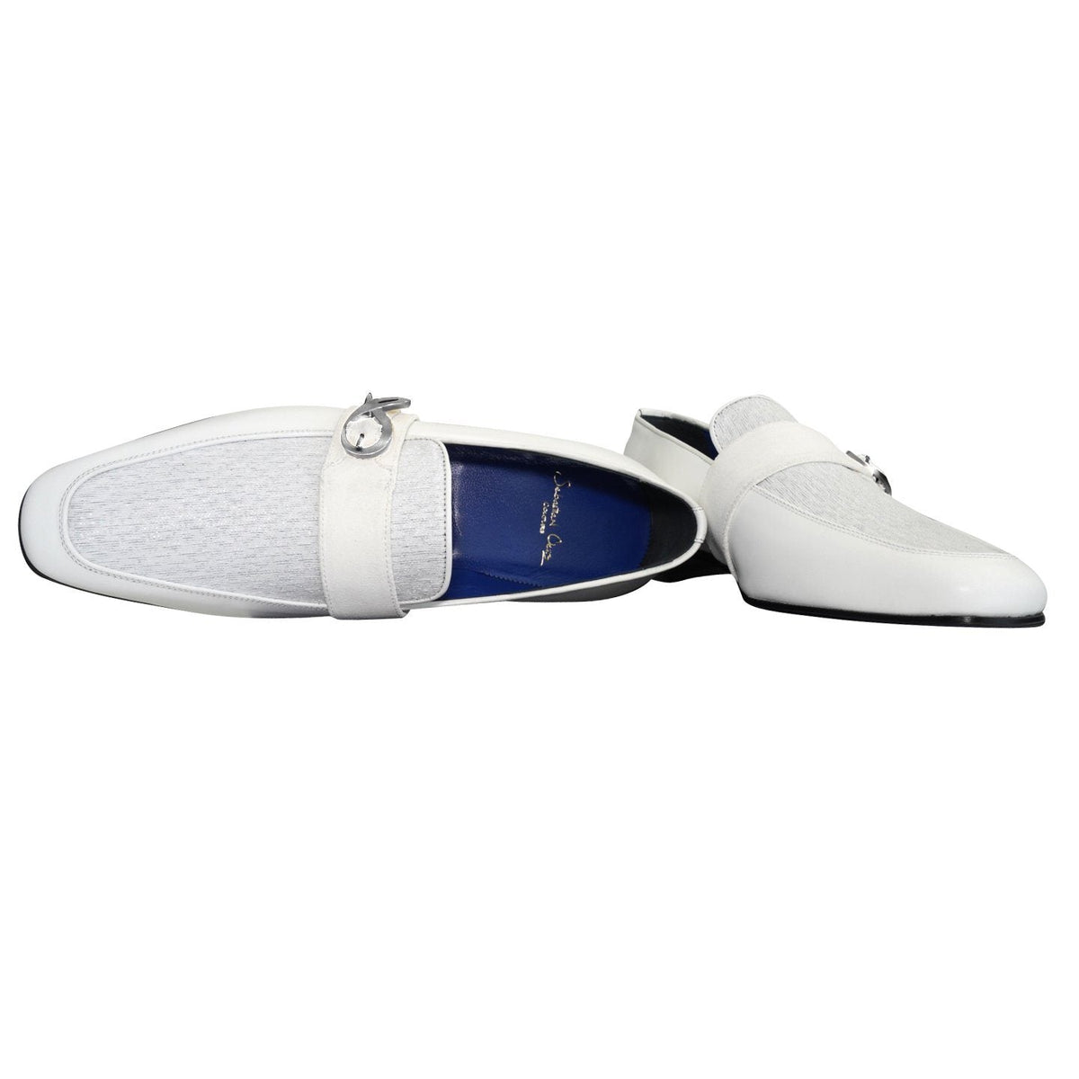 White Diamante Leather Monk Silver Loafers-7