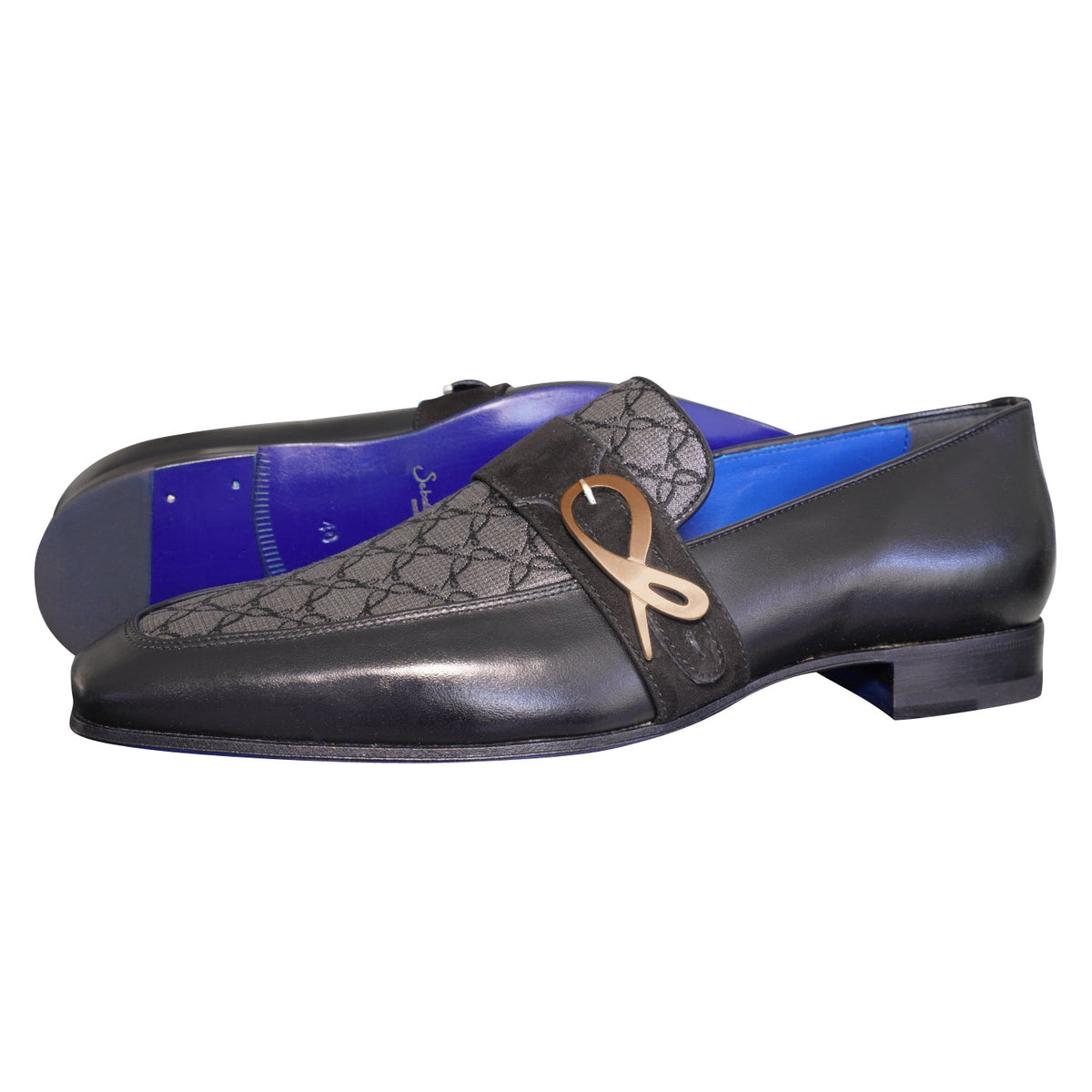 Charcoal Nero Logo Monk Loafers With Rose Gold Buckle