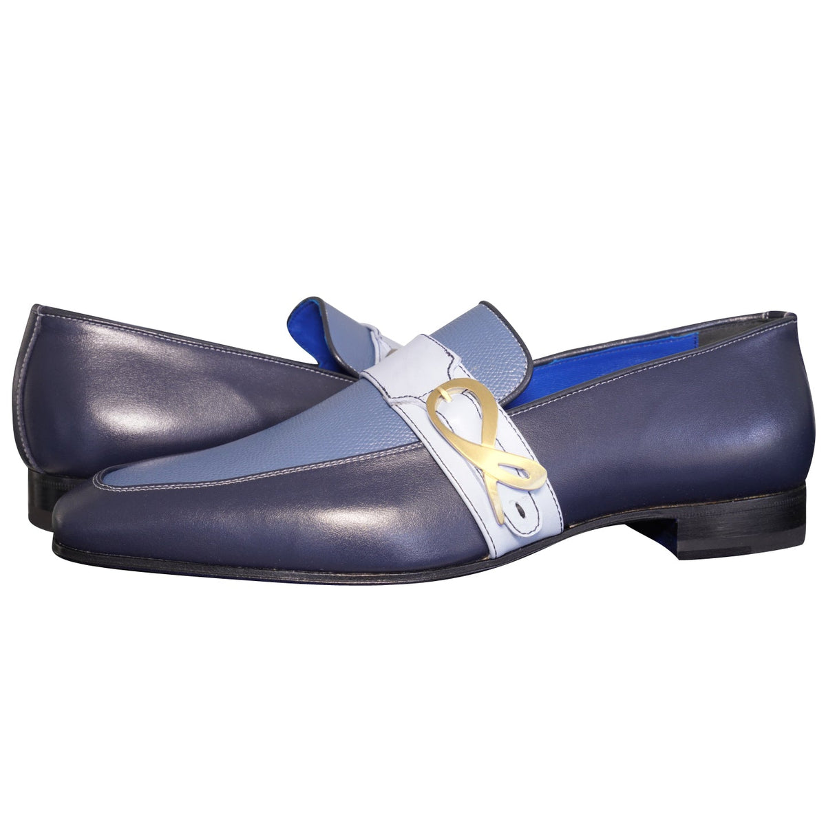 Blu Maya Leather Monk Strap loafer With Gold Buckle-4
