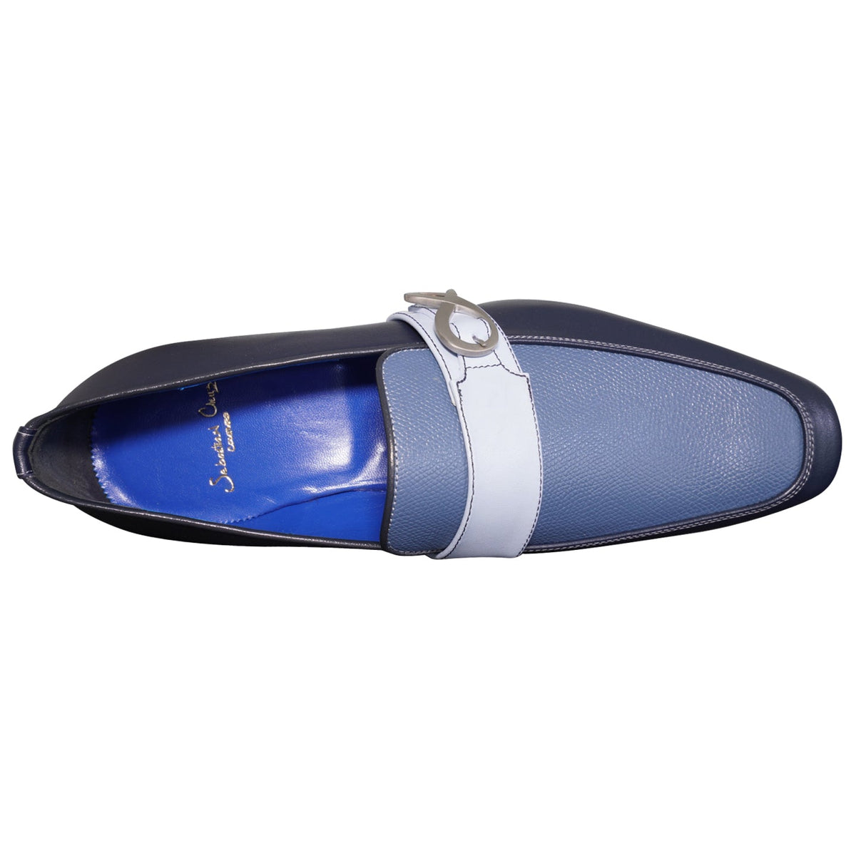 Blu Maya Leather Monk Strap loafer With Silver Buckle-6