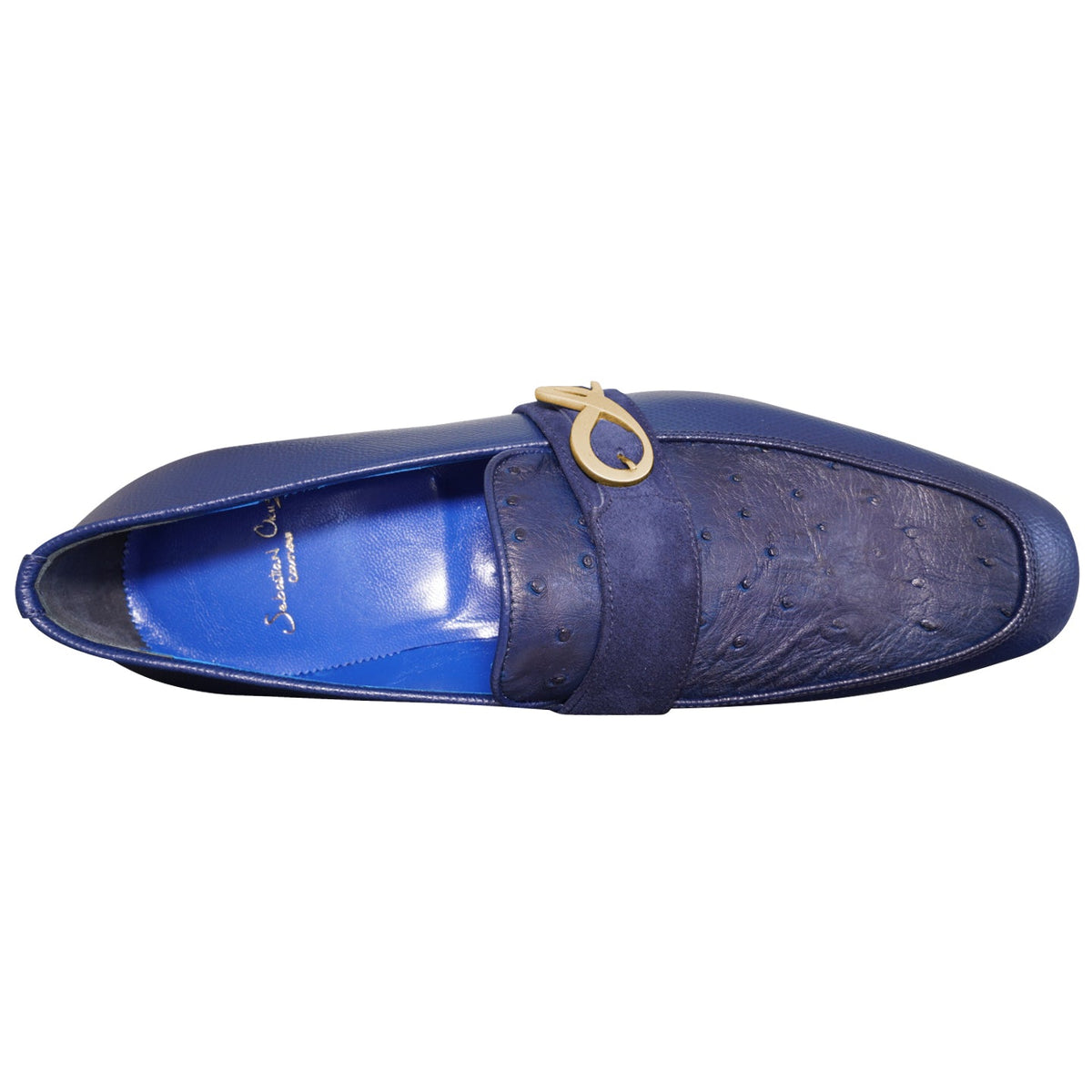 Indigo Ostrich Monk Gold Loafer-5