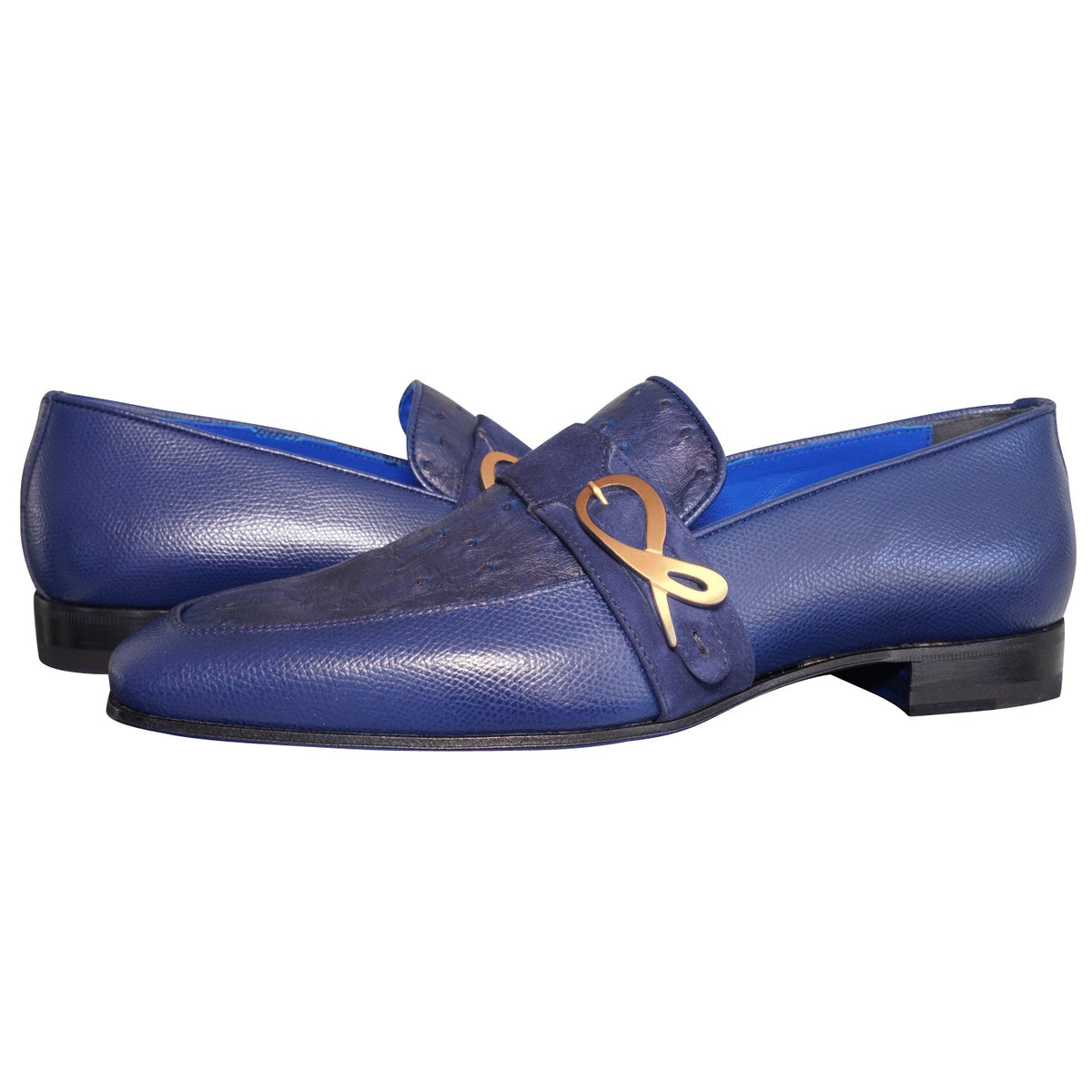 Indigo Ostrich Monk Rose Gold Loafer