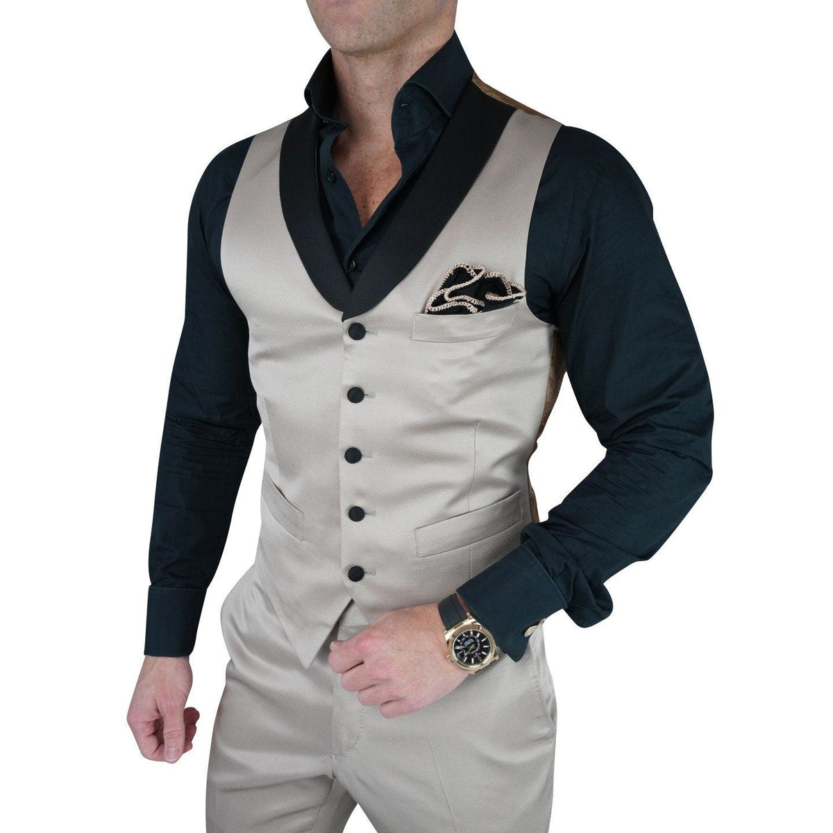Champagne Oro and Black Lucentezza Ciottoli Waistcoat @ The Vault