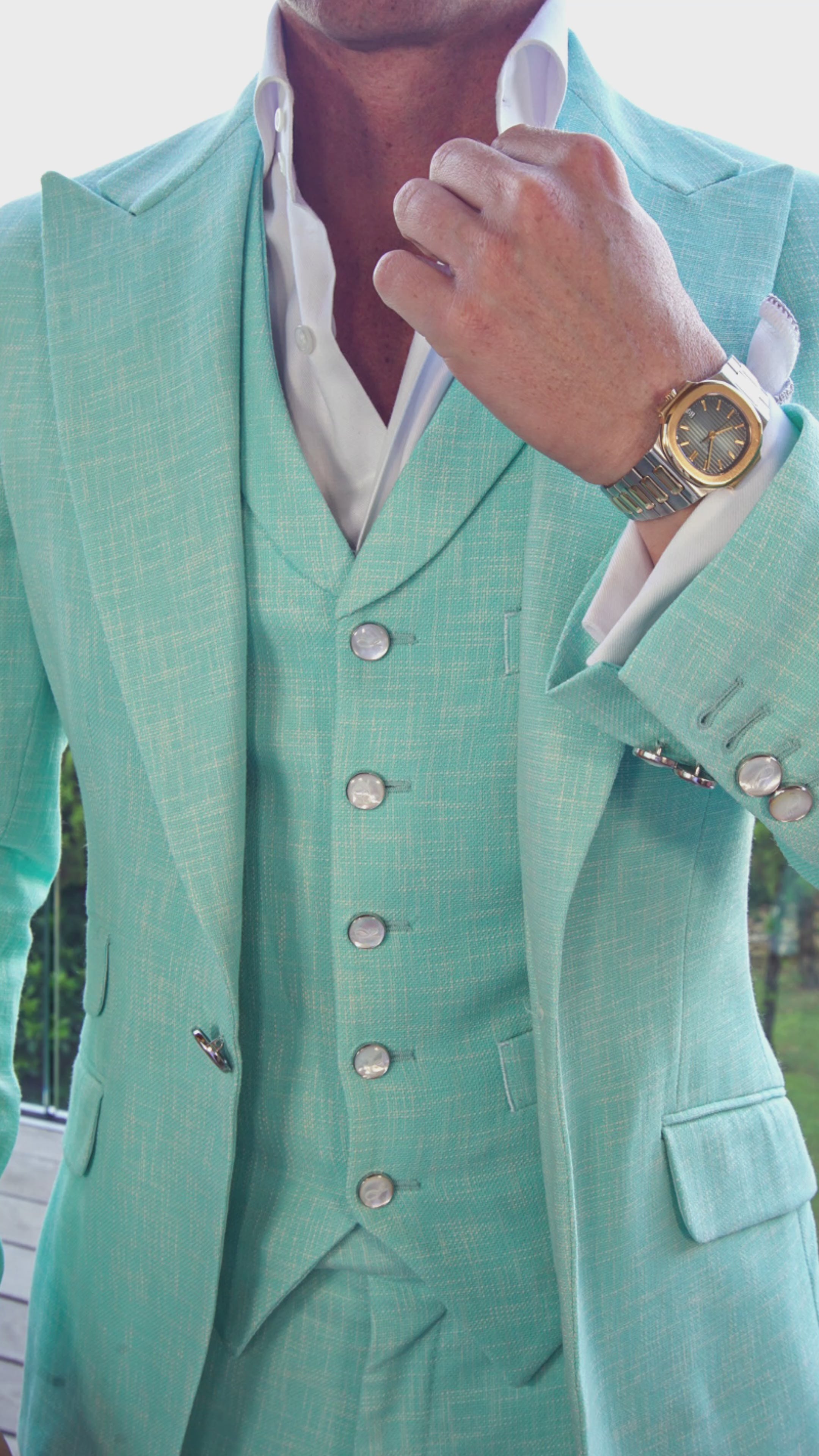 Blu Ciano Lino Tweed Ciottoli Waistcoat